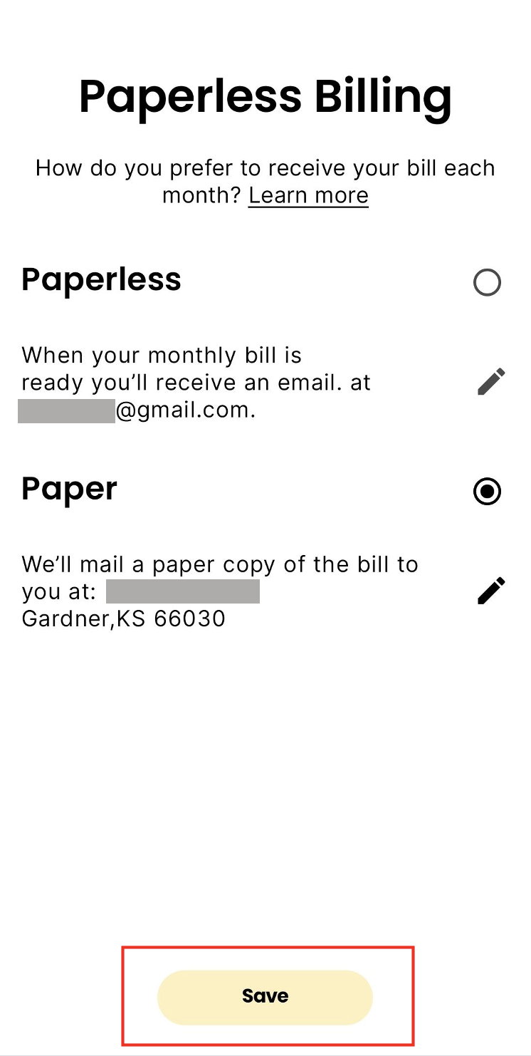 Screenshot of the paperless billing section in the app as explained on this page.