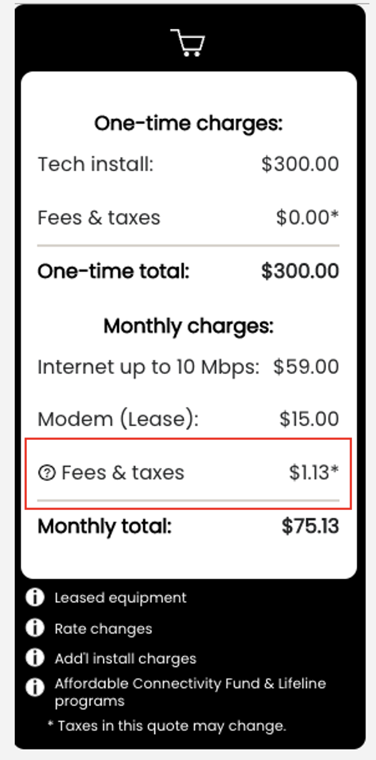 Fees and Taxes estimate after clicking 'Continue' on order