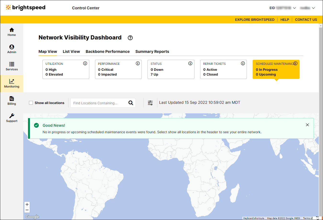 Network Visibility (showing Scheduled Maintenance tab)