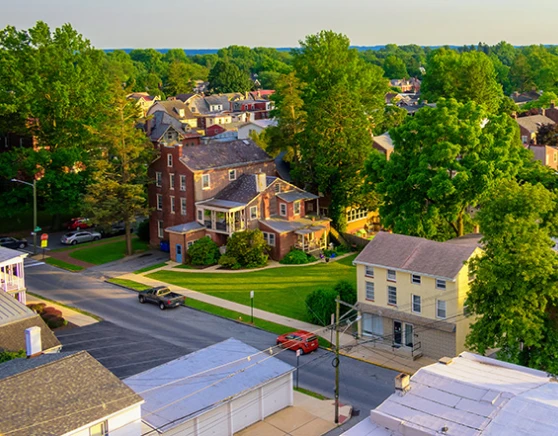 Aerial view of a residential neighborhood