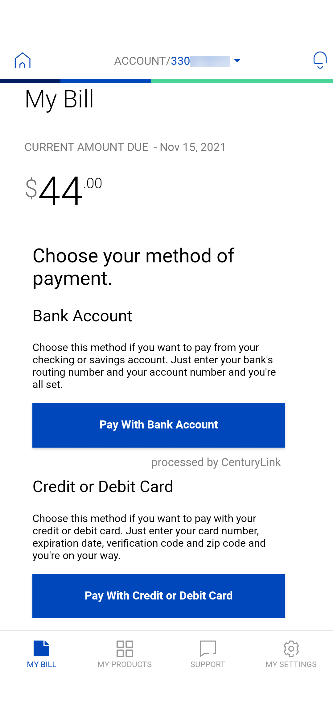 screenshot from app showing the pay bill screen
