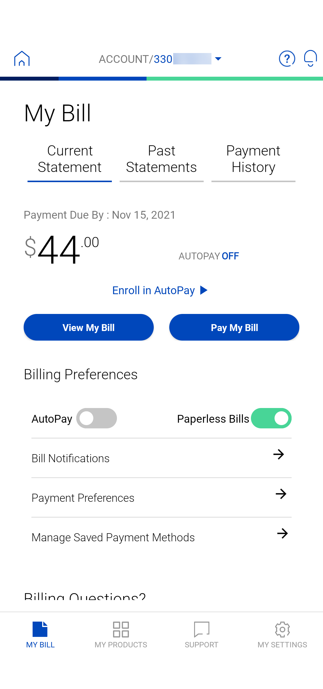 screenshot from app of My Bill screen