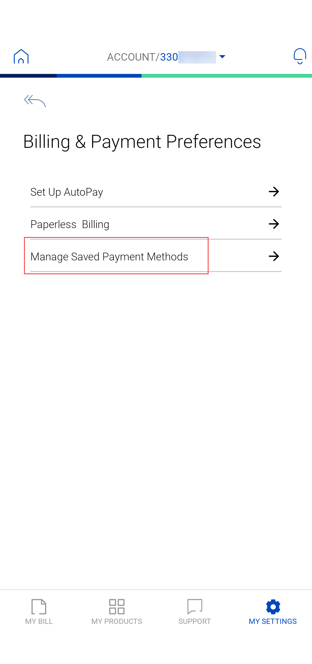 app screenshot Billing and Payment Preferences