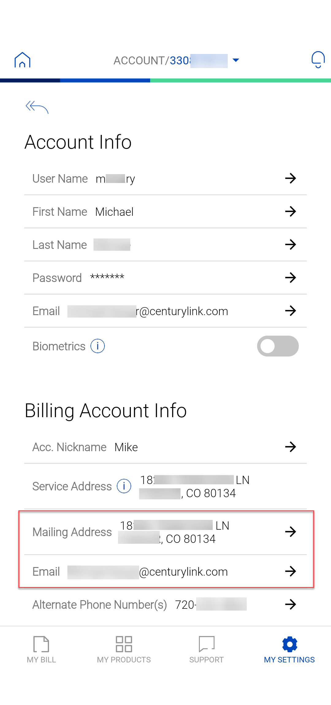 app screenshot-Billing Account Info
