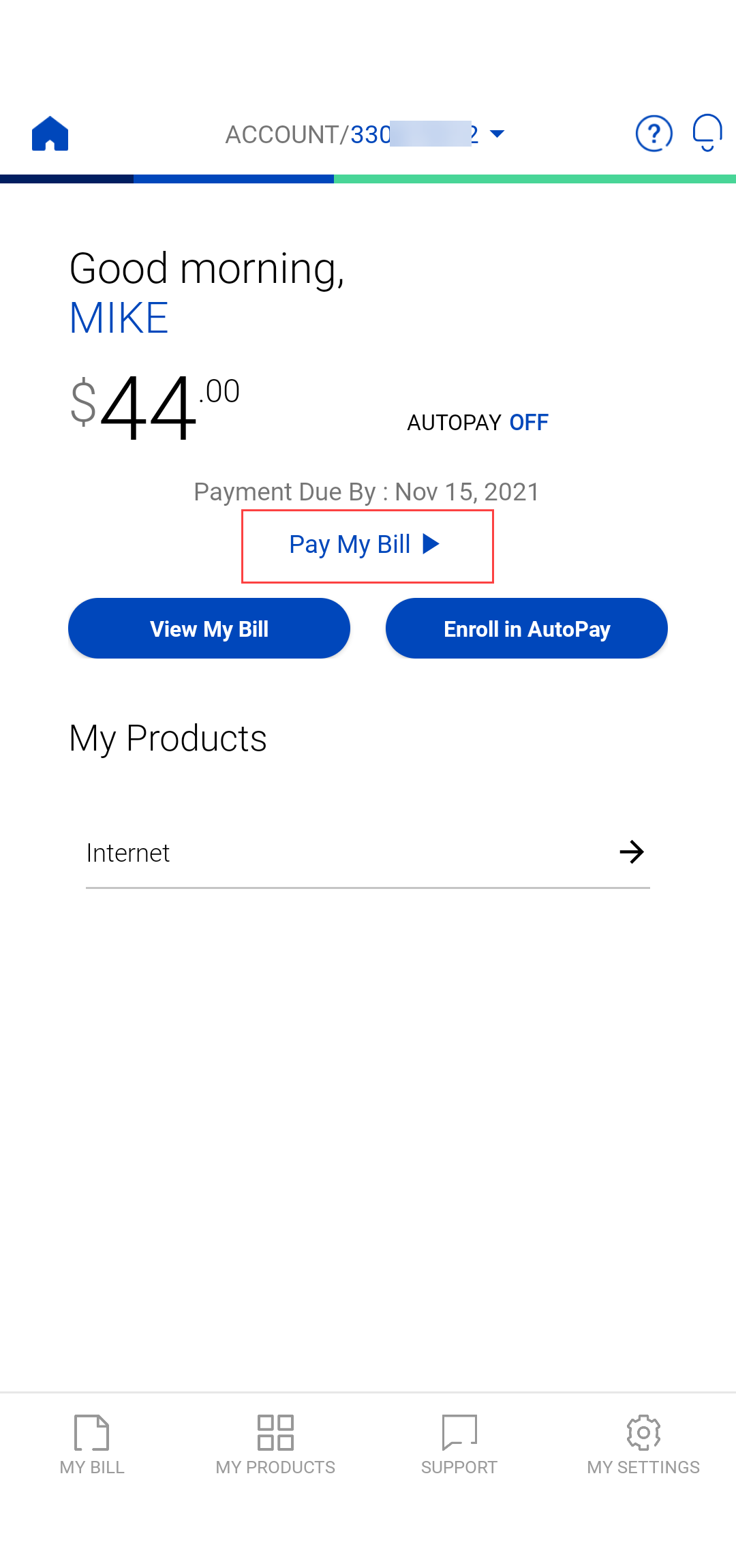 screenshot from app showing home screen with Pay Bill circled