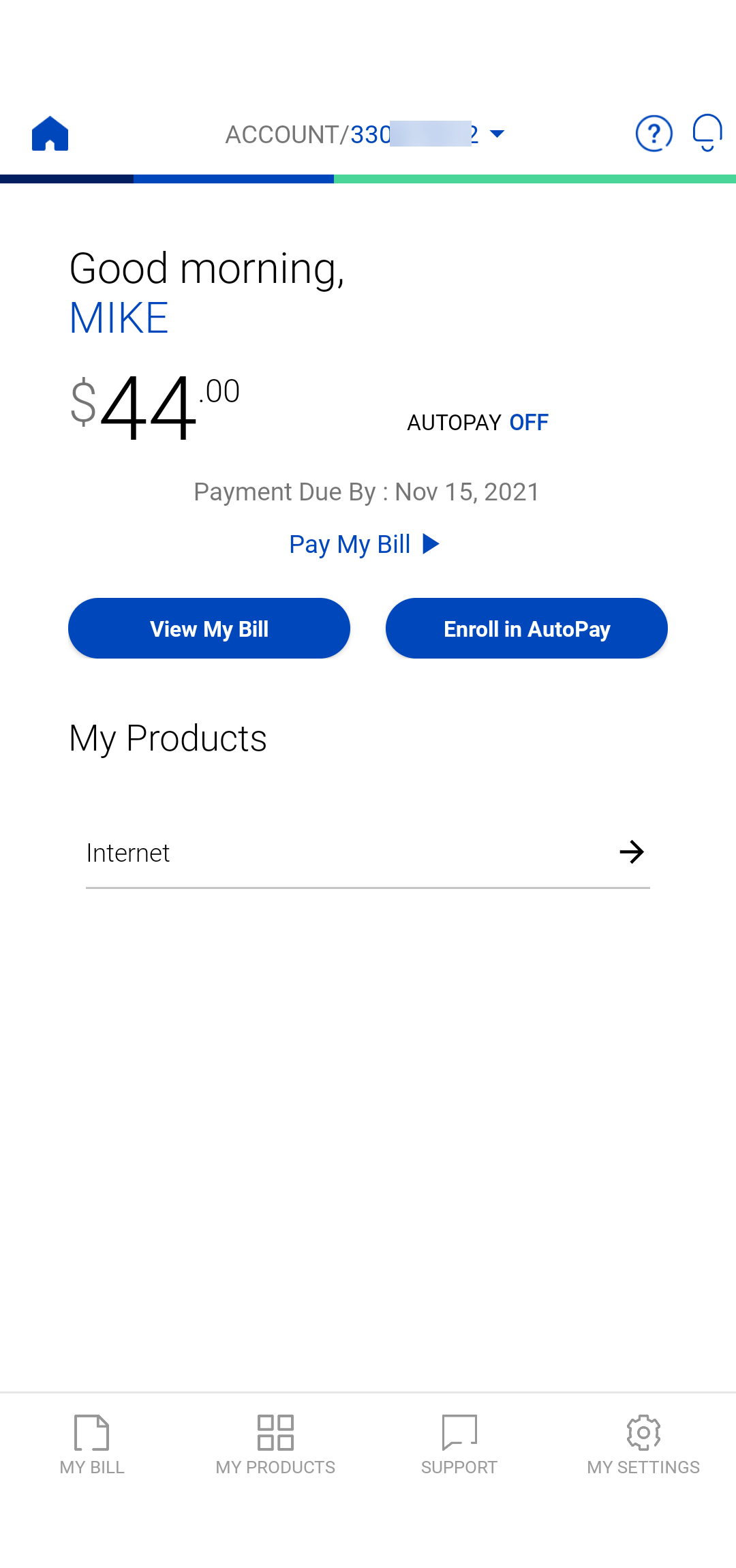 app screenshot of postpaid home screen