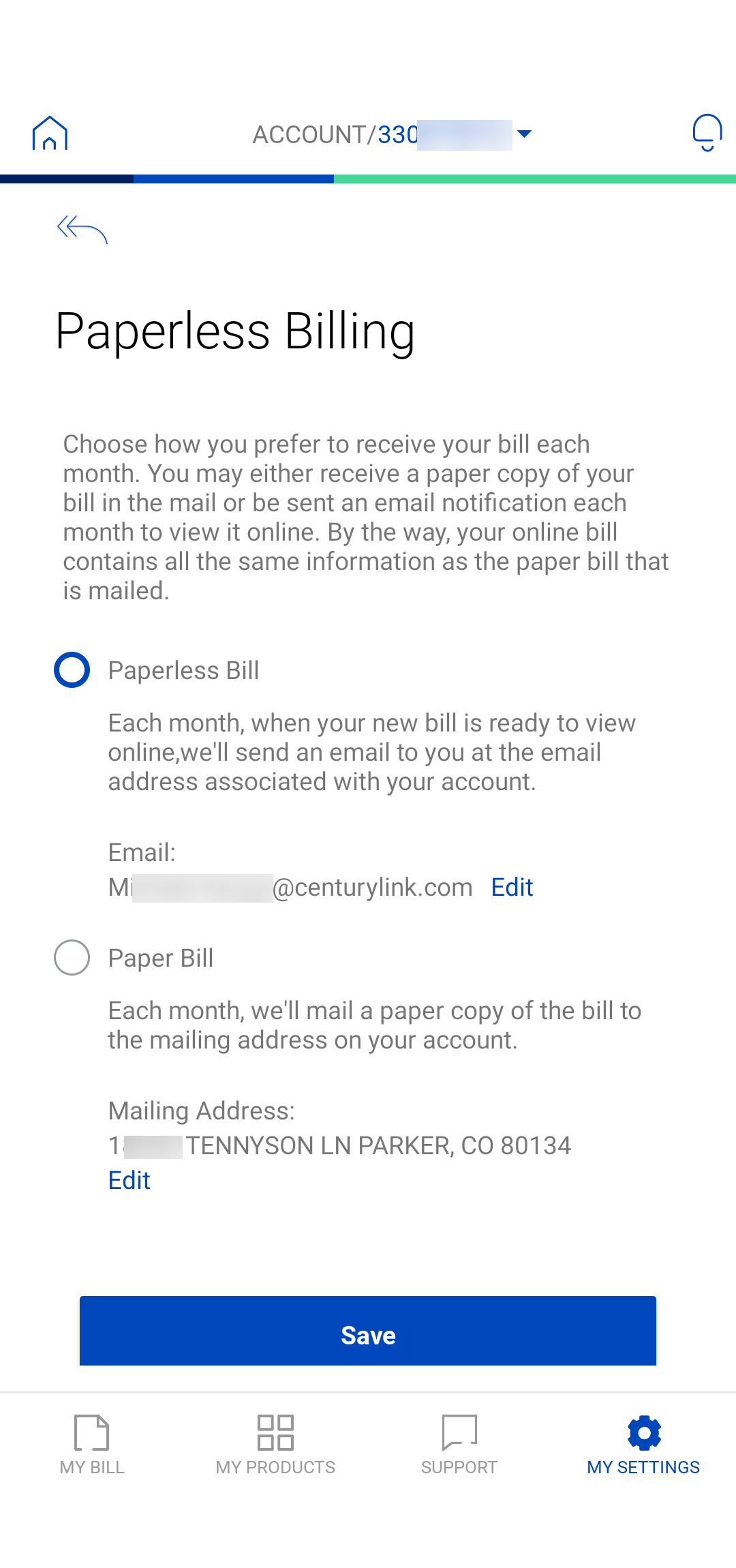 My CenturyLink app - paperless billing option