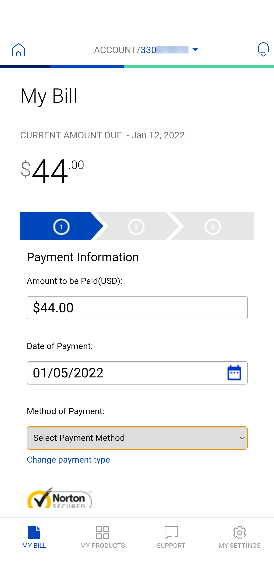 screenshot from app showing home screen with Pay Bill circled