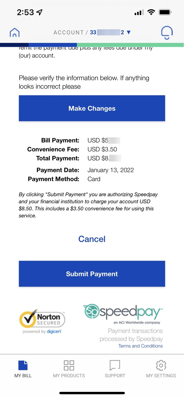 screenshot from app of My Bill screen