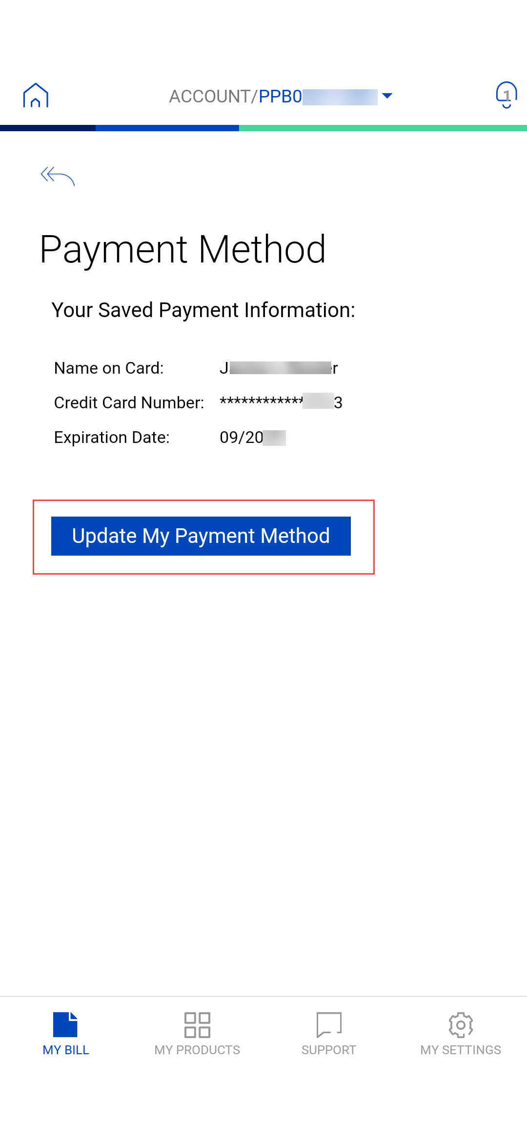 app screenshot Update Payment Method (Prepaid)