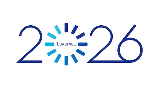 Blue text forming '2026' with a loading symbol replacing the zero, words 'LOADING...' in the center, suggesting anticipation for the future.