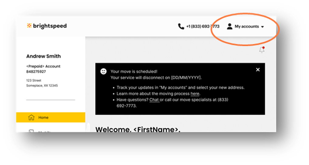 Brightspeed user dashboard interface with “My accounts” menu highlighted, guiding customers to manage their account and services online.