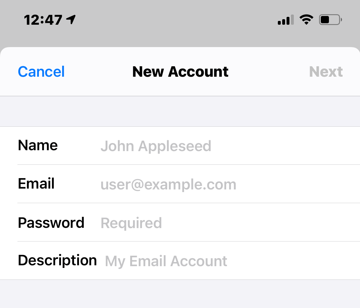 screenshot iPhone New Account credentials