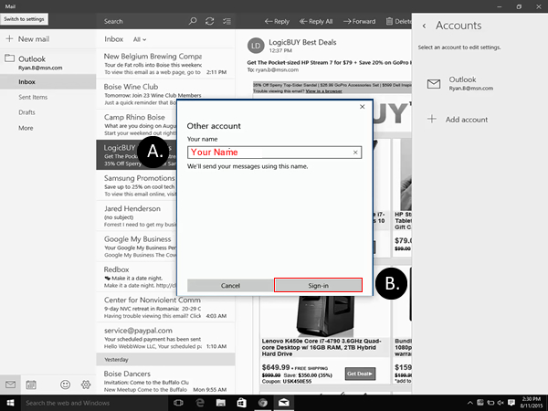 Set up email in Windows 10 step 8