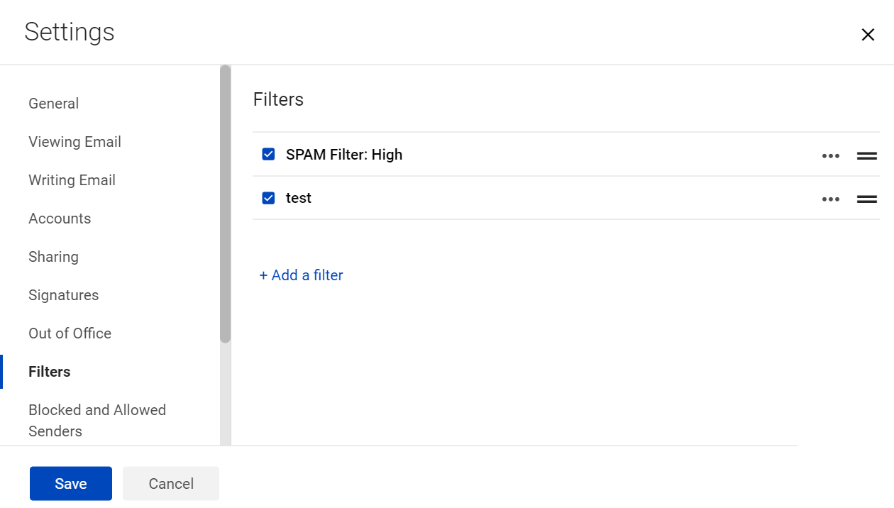 Filter settings on Modern webmail screenshot