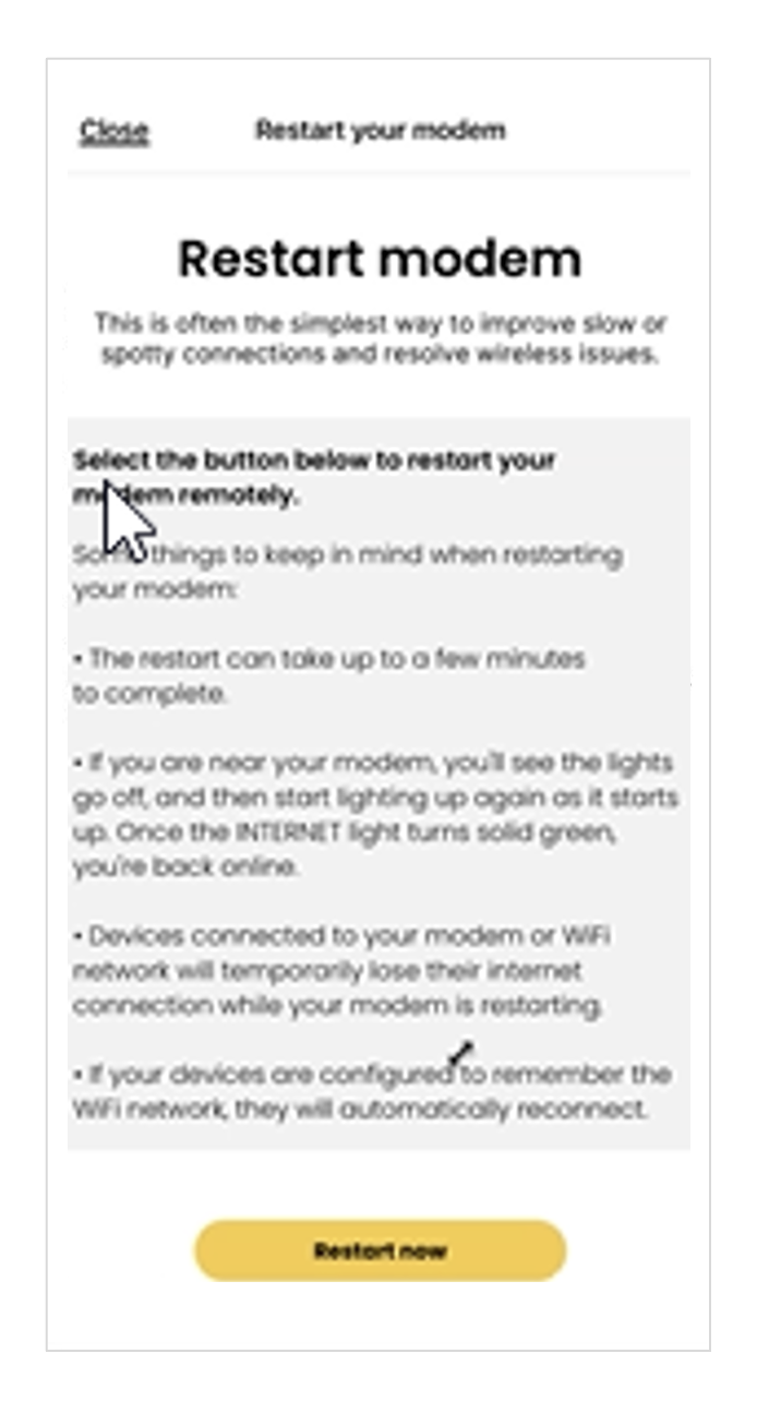 reboot modem through the app, screen 1