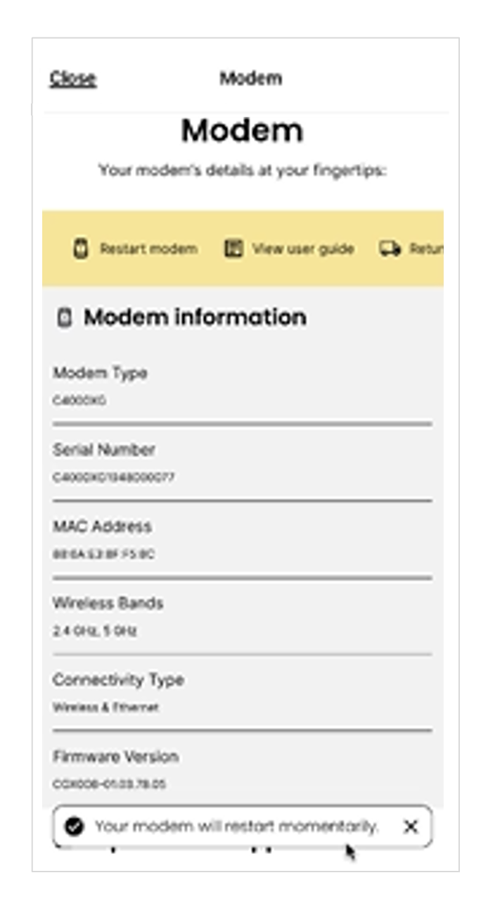 reboot modem through the app, screen 3
