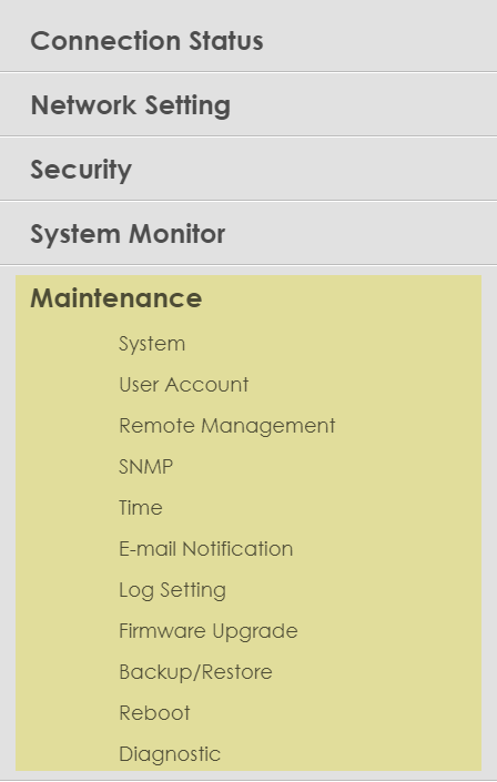 Zyxel user interface - Maintenance menu