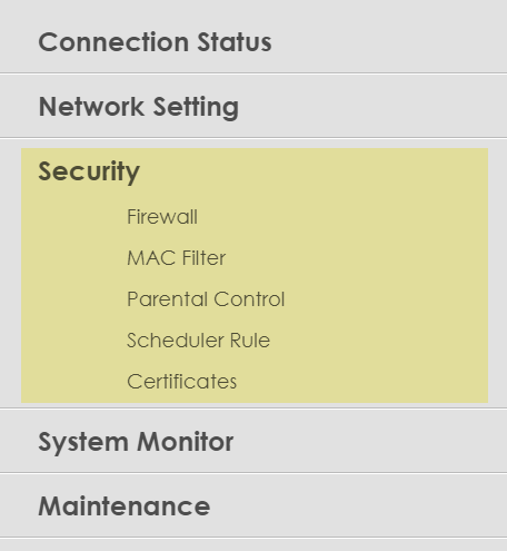Zyxel user interface - Security menu