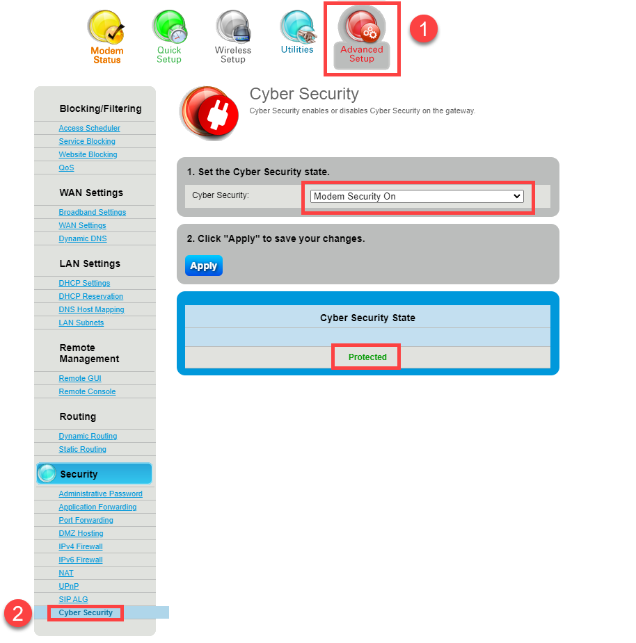 Screenshot of modem settings showing Cyber Security as on and protected