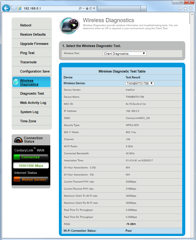 Wireless Diagnostics screenshot - Client diagnostics