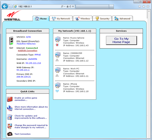 Westell 7500 modem home screenshot