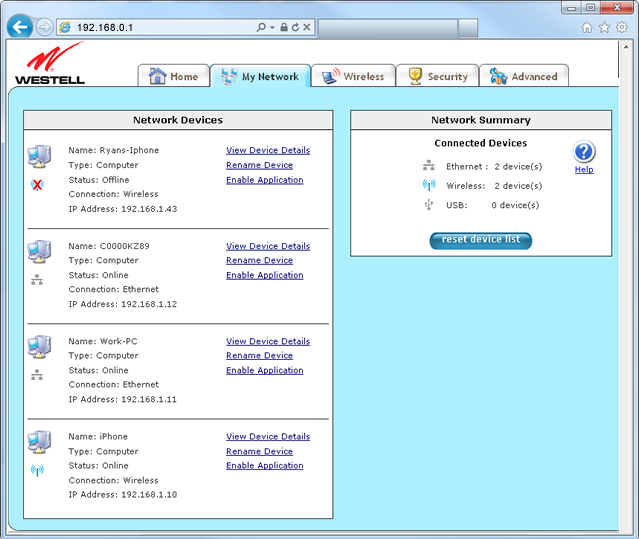 Westell 7500 modem network settings screenshot