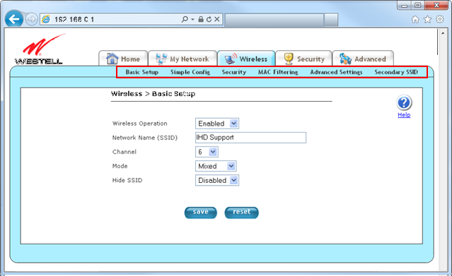 Westell 7500 modem wireless settings screenshot