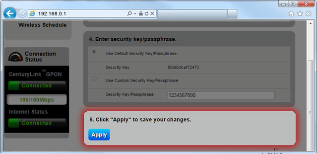 screenshot of modem settings showing "Apply" to save password