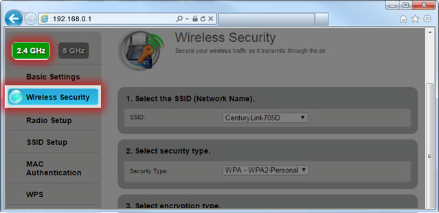 screenshot of modem settings showing Wireless Security in the menu