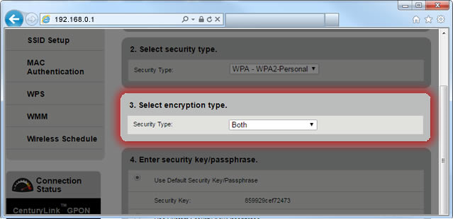 screenshot of modem settings showing "both" as encryption type