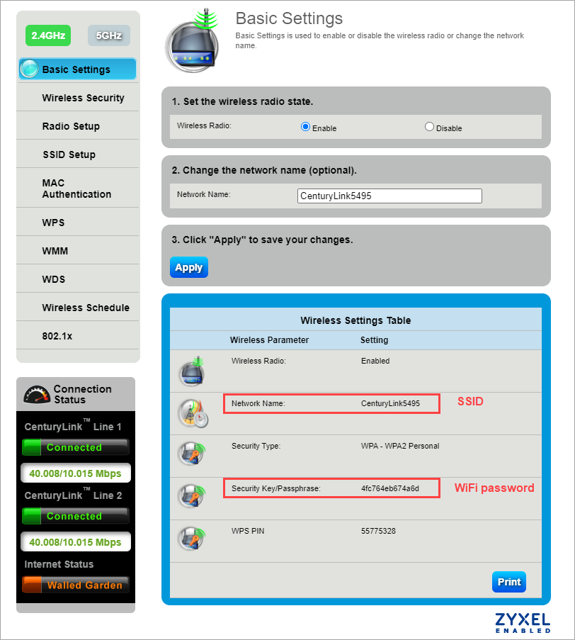 Look up WiFi login in modem settings Brightspeed