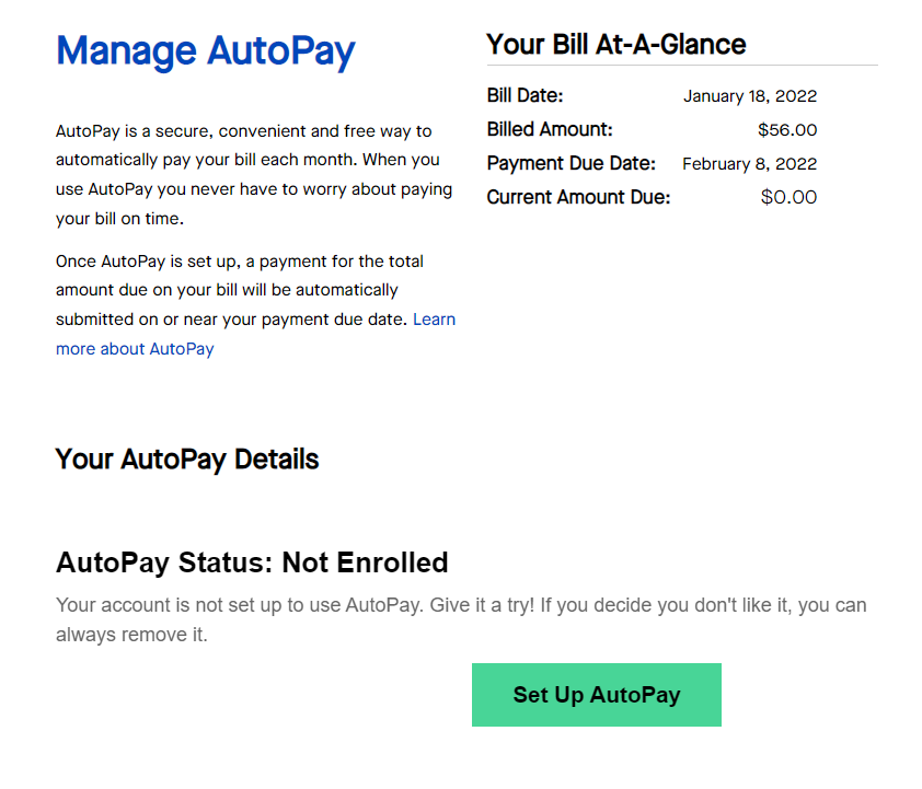 My CenturyLink Manage AutoPay screen - Not Enrolled