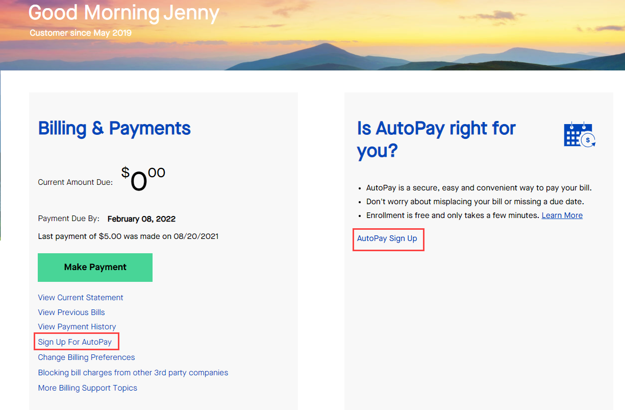 My CenturyLink home screen showing options to sign up for AutoPay