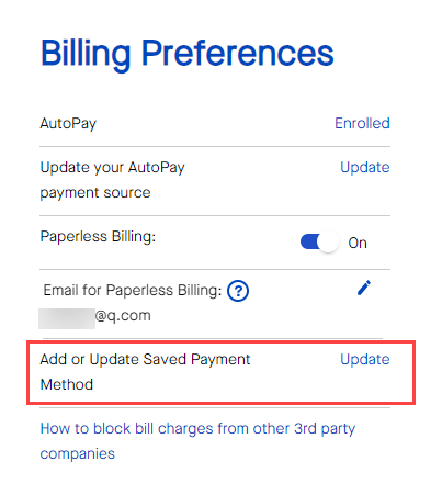 My CenturyLink billing preferences saved payment methods