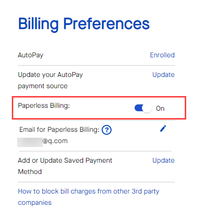 My CenturyLink Billing Preferences - paperless billing option
