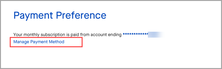 Screenshot showing a close-up of the Payment Preference area with Manage Payment Method highlighted