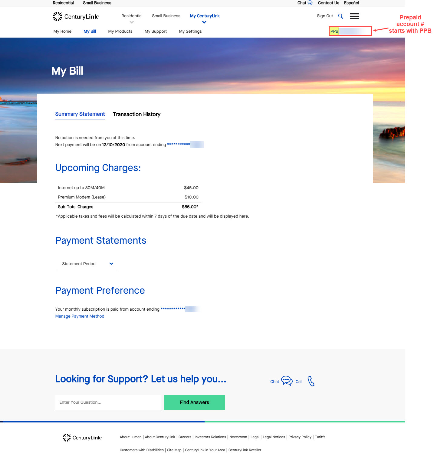 Screenshot from My CenturyLink showing the My Bill screen for a PrePaid account