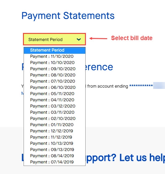 Screenshot showing PrePaid payment statements with date drop-down