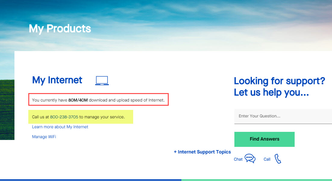 My CenturyLink screenshot - upgrade call or chat