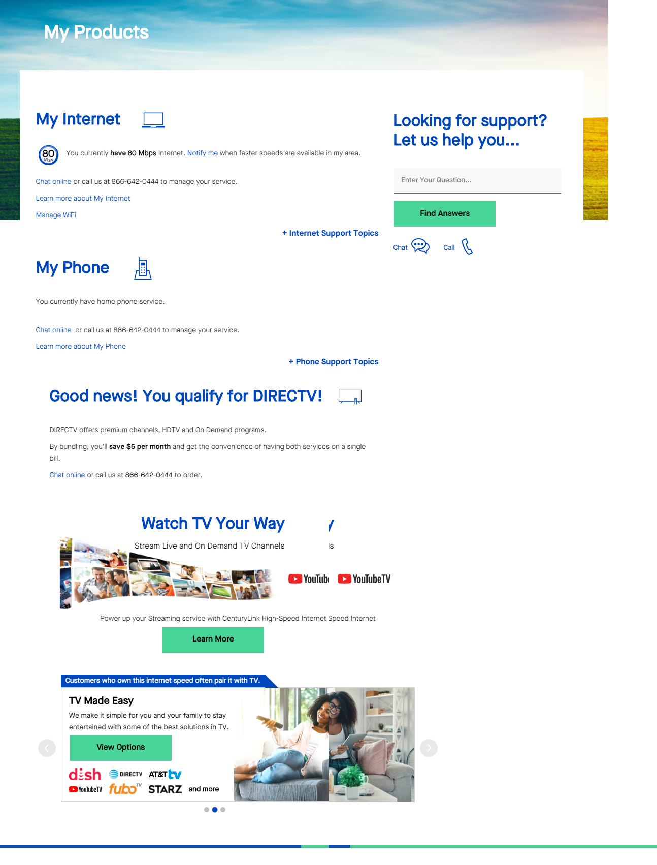 My Products - My CenturyLink menu