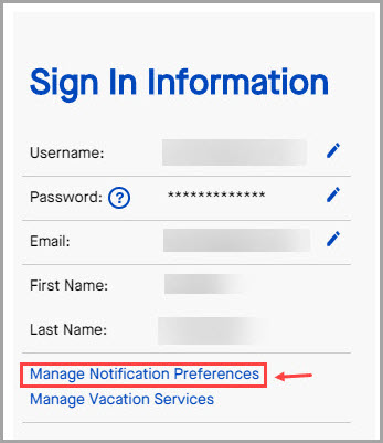 Screenshot of Sign In information with Manage Notification Preferences highlighted