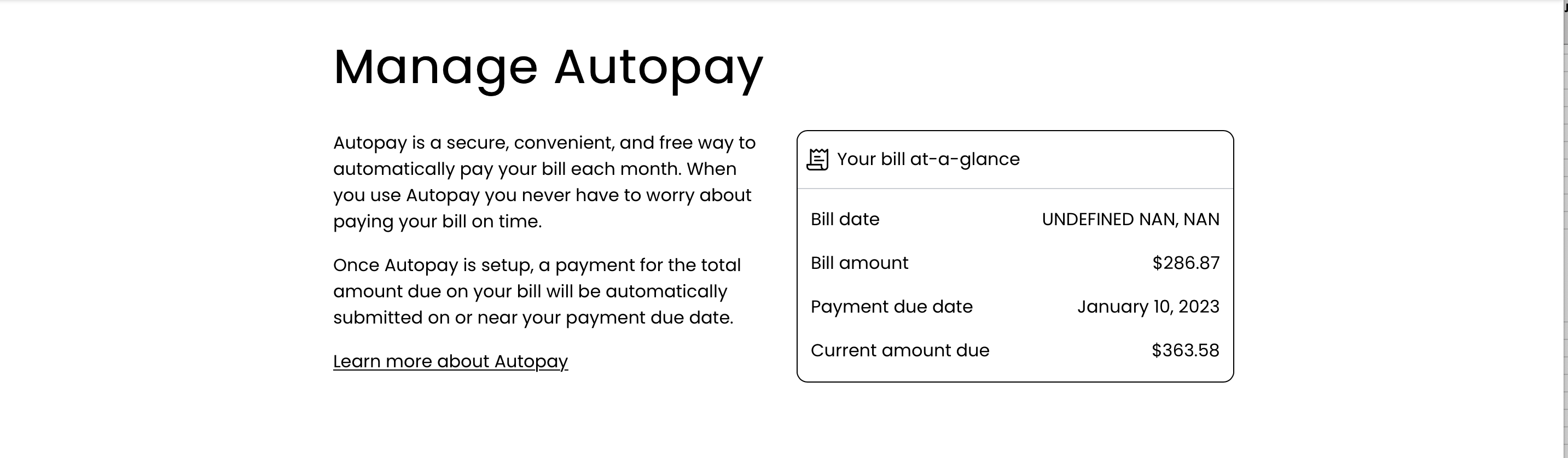 My CenturyLink Manage AutoPay screen - Not Enrolled