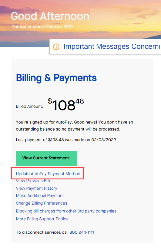 My CenturyLink home screen - update AutoPay payment