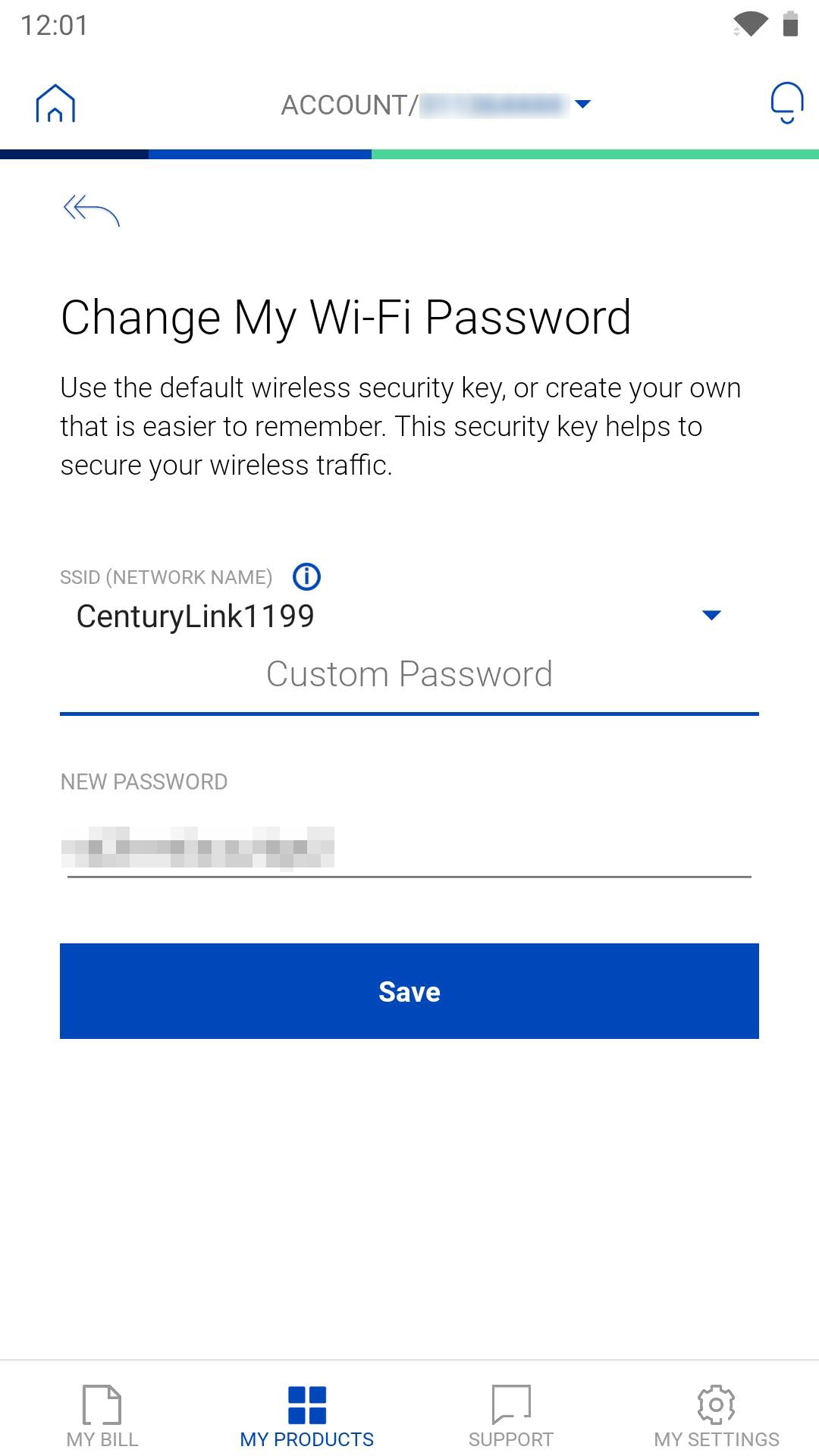 Screenshot of app showing "Change My WiFi Password"
