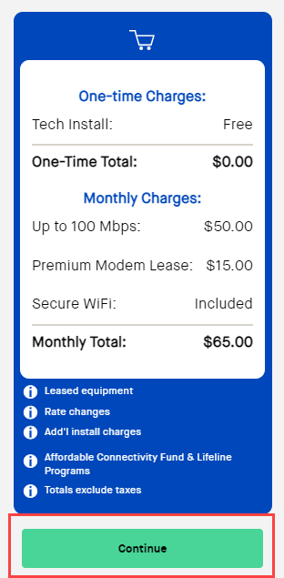 Green 'Continue' button shown at bottom of order estimate